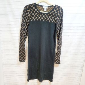 Carmen Marc Valvo Black and Tan Knit Sweater Dress, sz Large